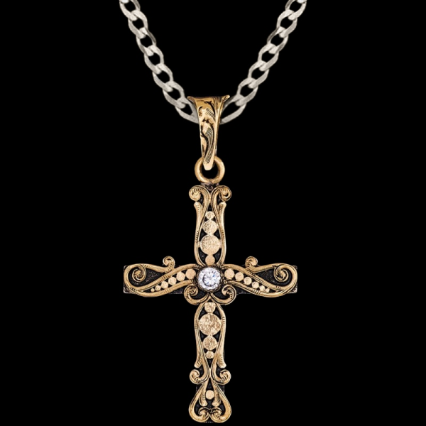 Our Luke Cross Pendant Necklace is built on a jeweler's Bronze Cross, featuring hand engraved scrollwork and a custom zirconia stone. Pair it with a special discount sterling silver chain today!